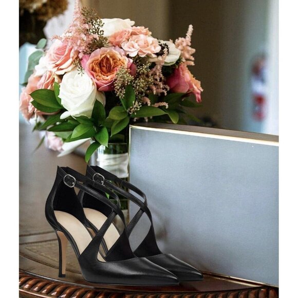 🆕Women Black Pumps High Heels Pointed Toe Crossed Strap Zip up Stilettos Shoes - Picture 6 of 6